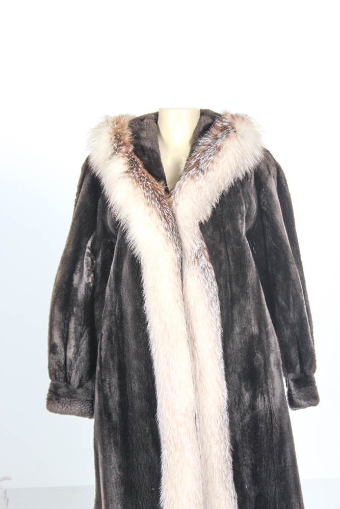Vintage Sheared Beaver Fur Coat Trimmed with Crystal Fox Fur