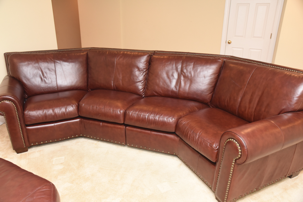 Brown Leather Curved Sectional Sofa with Ottoman by Star Furniture