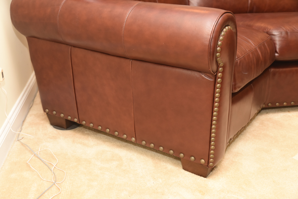 Brown Leather Curved Sectional Sofa with Ottoman by Star Furniture