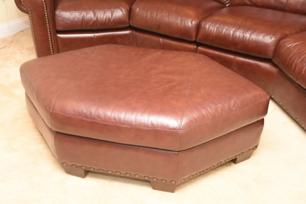 Brown Leather Curved Sectional Sofa with Ottoman by Star Furniture