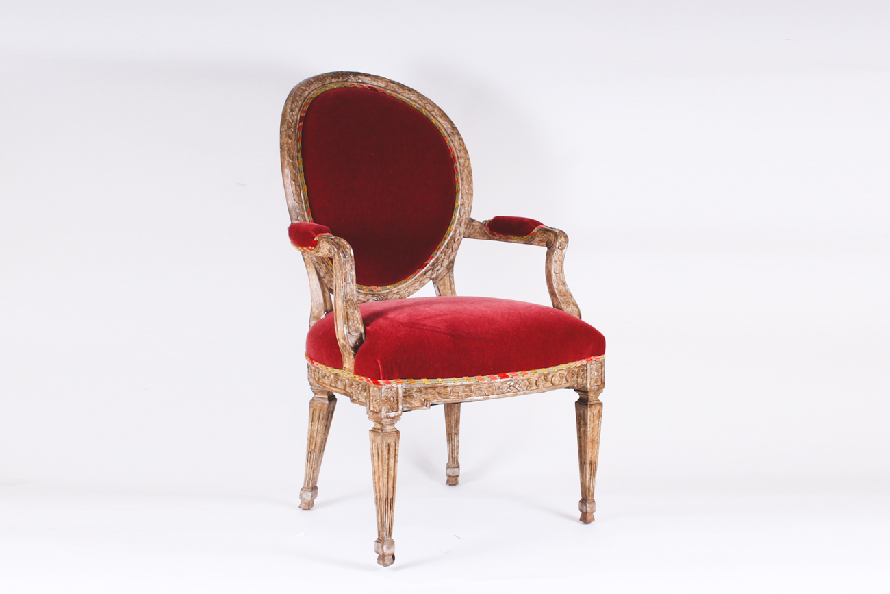 Set of Eight Louis XVI Style Dining Chairs with Red Velvet Upholstery