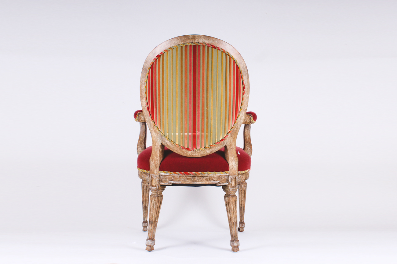 Set of Eight Louis XVI Style Dining Chairs with Red Velvet Upholstery