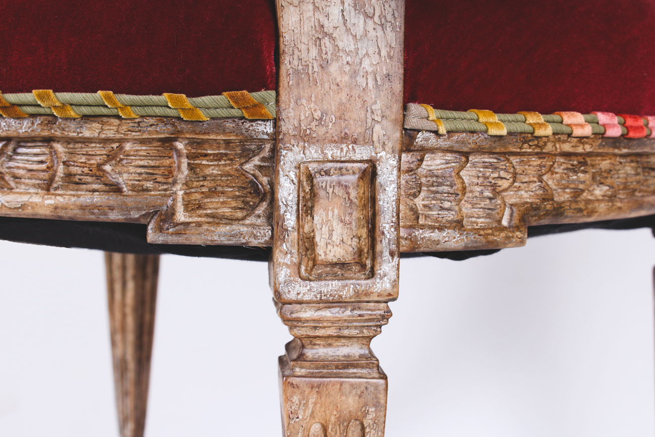 Set of Eight Louis XVI Style Dining Chairs with Red Velvet Upholstery