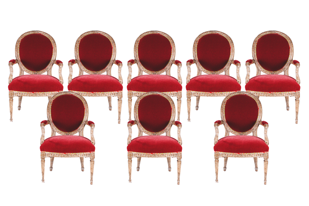 Set of Eight Louis XVI Style Dining Chairs with Red Velvet Upholstery