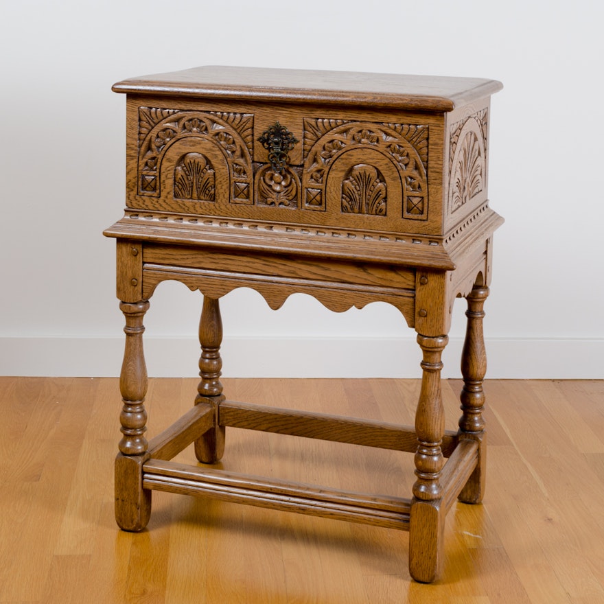 Vintage Jacobean Revival Style Carved Oak Chest-on-Stand