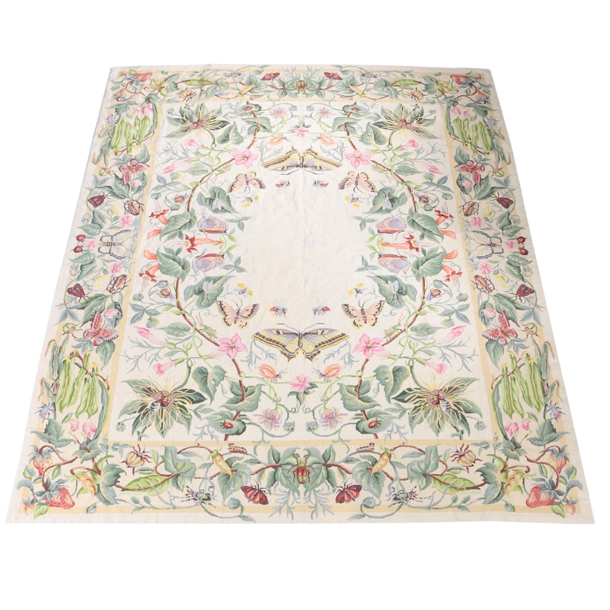 Needlepoint Butterfly and Flower Garden Wool Area Rug