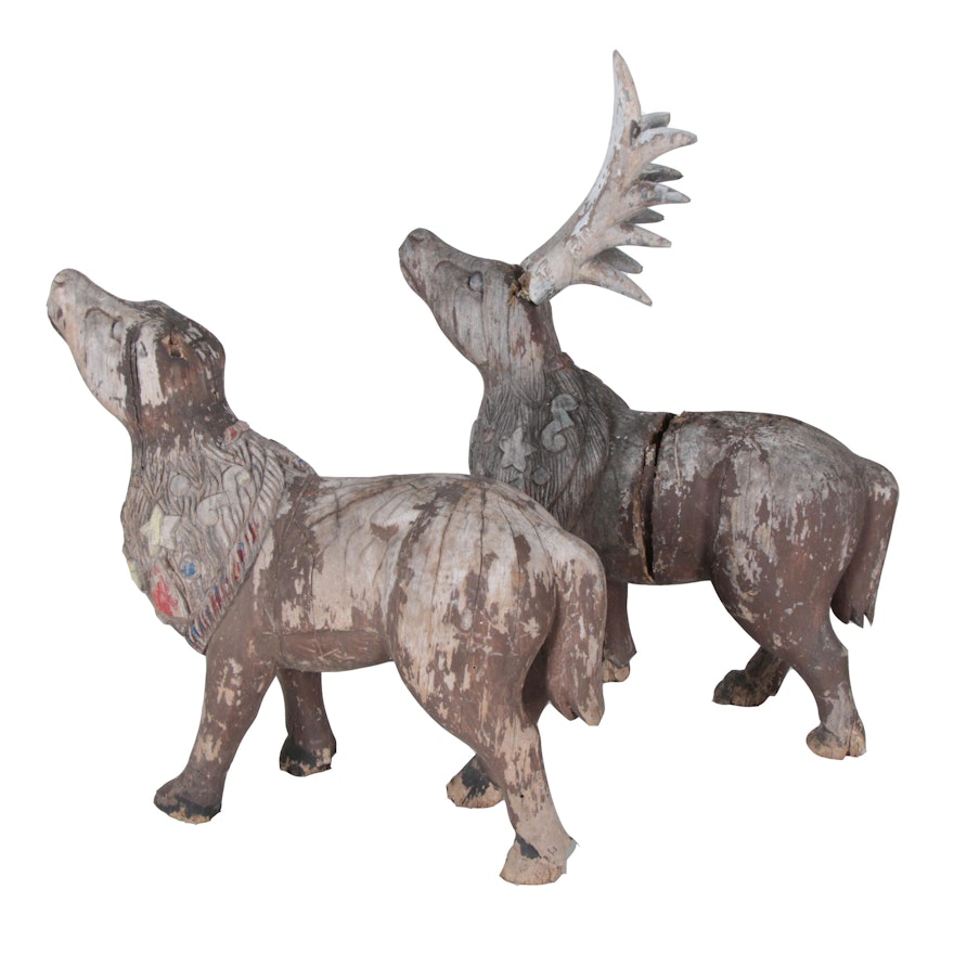 Pair of Excellent Folk Art Sculptures of Reindeer