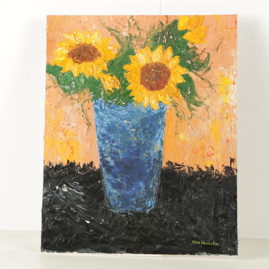 Nora Kaboulov Oil Painting on Canvas Board of Sunflowers