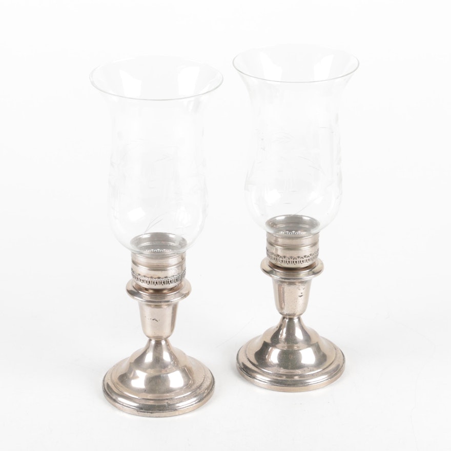 Hunt Silver Co. Hurricane Glass and Weight Sterling Candleholders