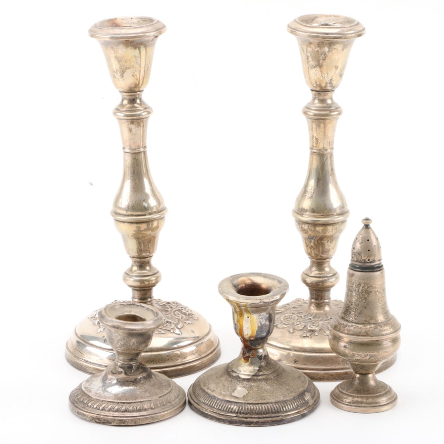 Gorham "Buttercup" and Other Weighted Sterling Candleholders with Shaker