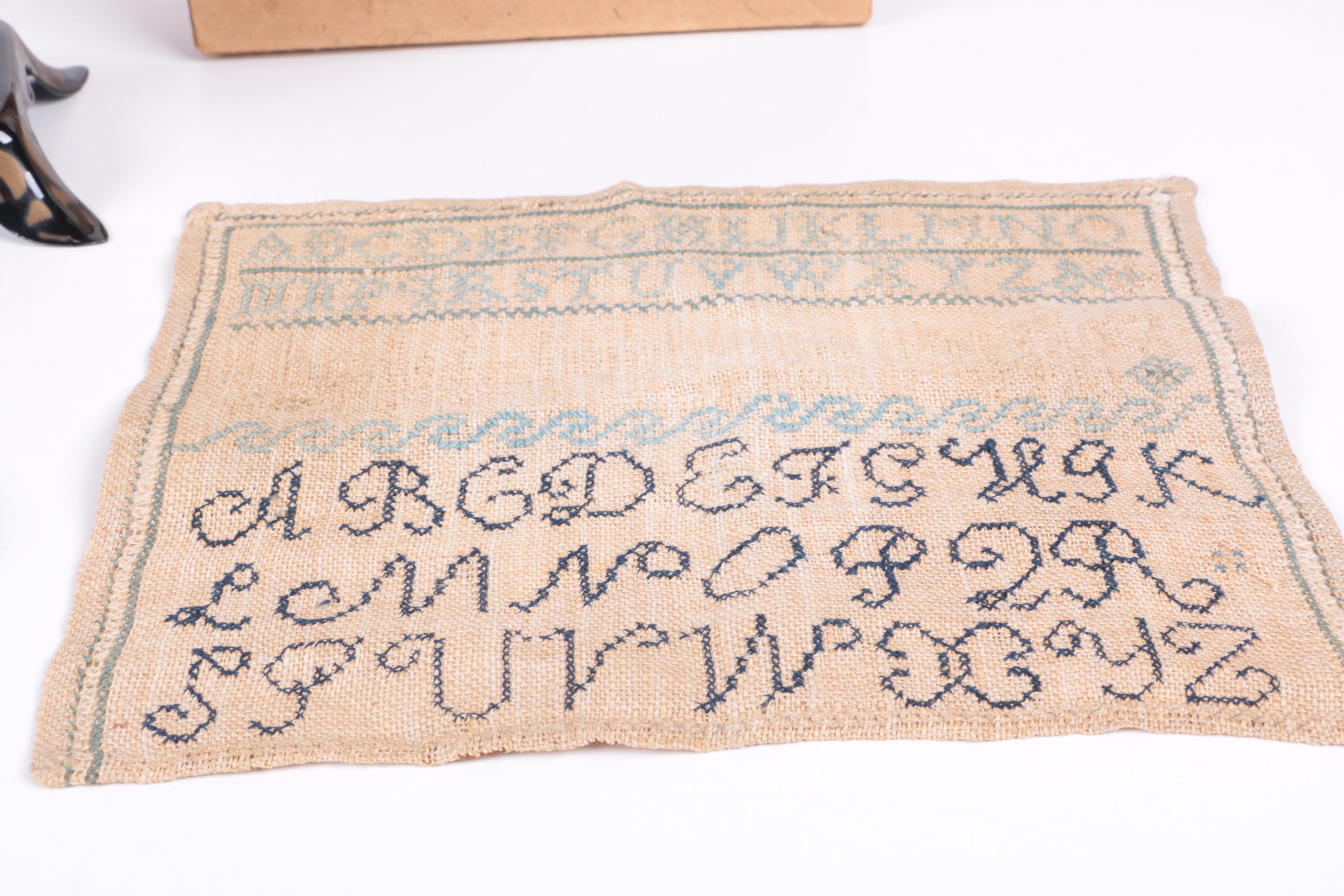 Ernst Plank Toy Sewing Machine with Box and Embroidered Sampler