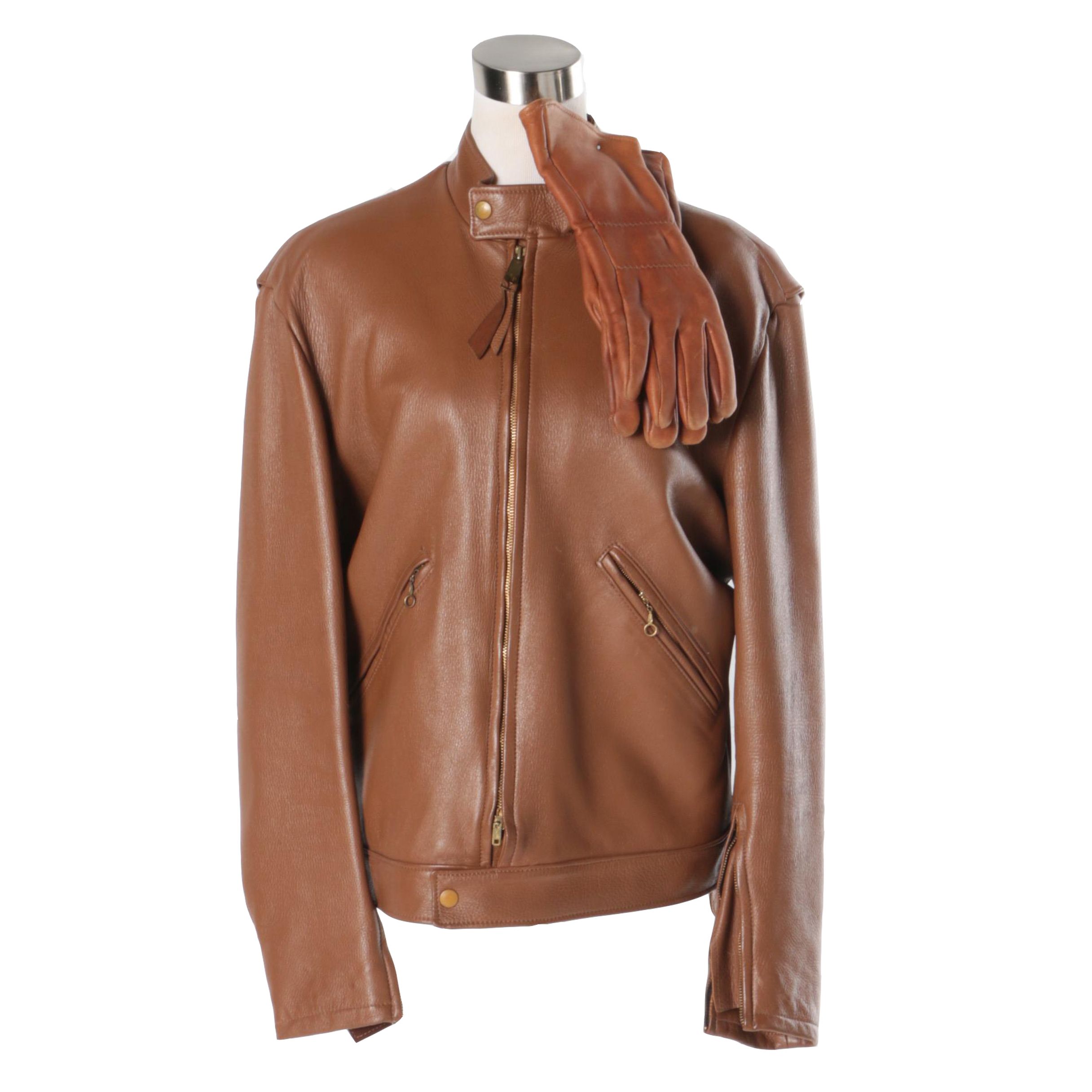 Men's Brown Leather Jacket and Gloves