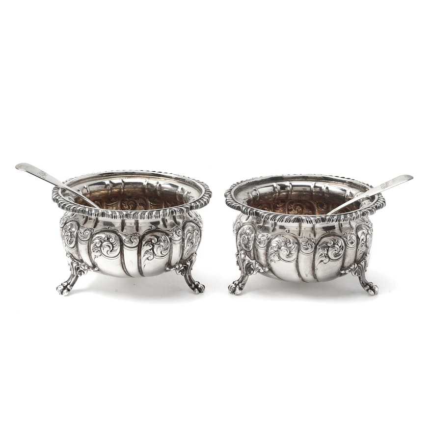Pair of Antique Howard & Co. Repousse Master Salts with Spoons