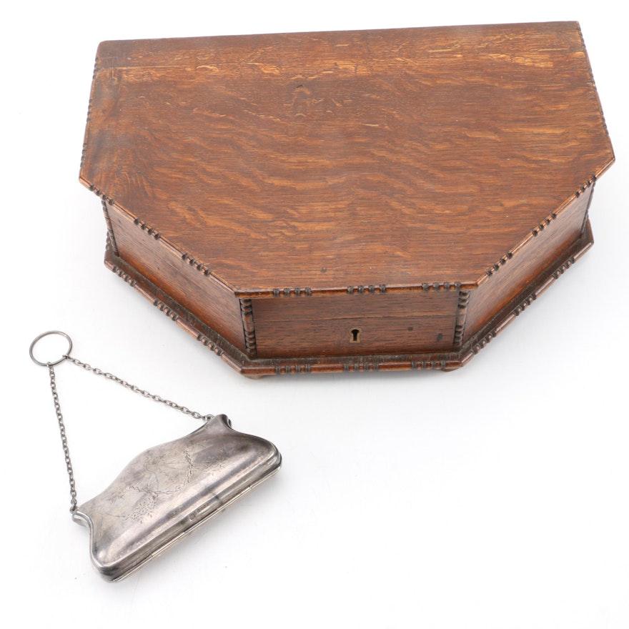Vintage Wooden Jewelry Box with Silver-Plated Coin Purse