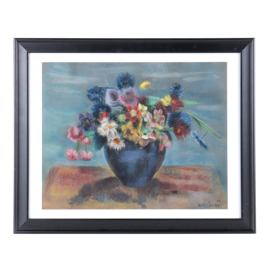 William Jacobs Pastel Drawing on Paper of Floral Still Life