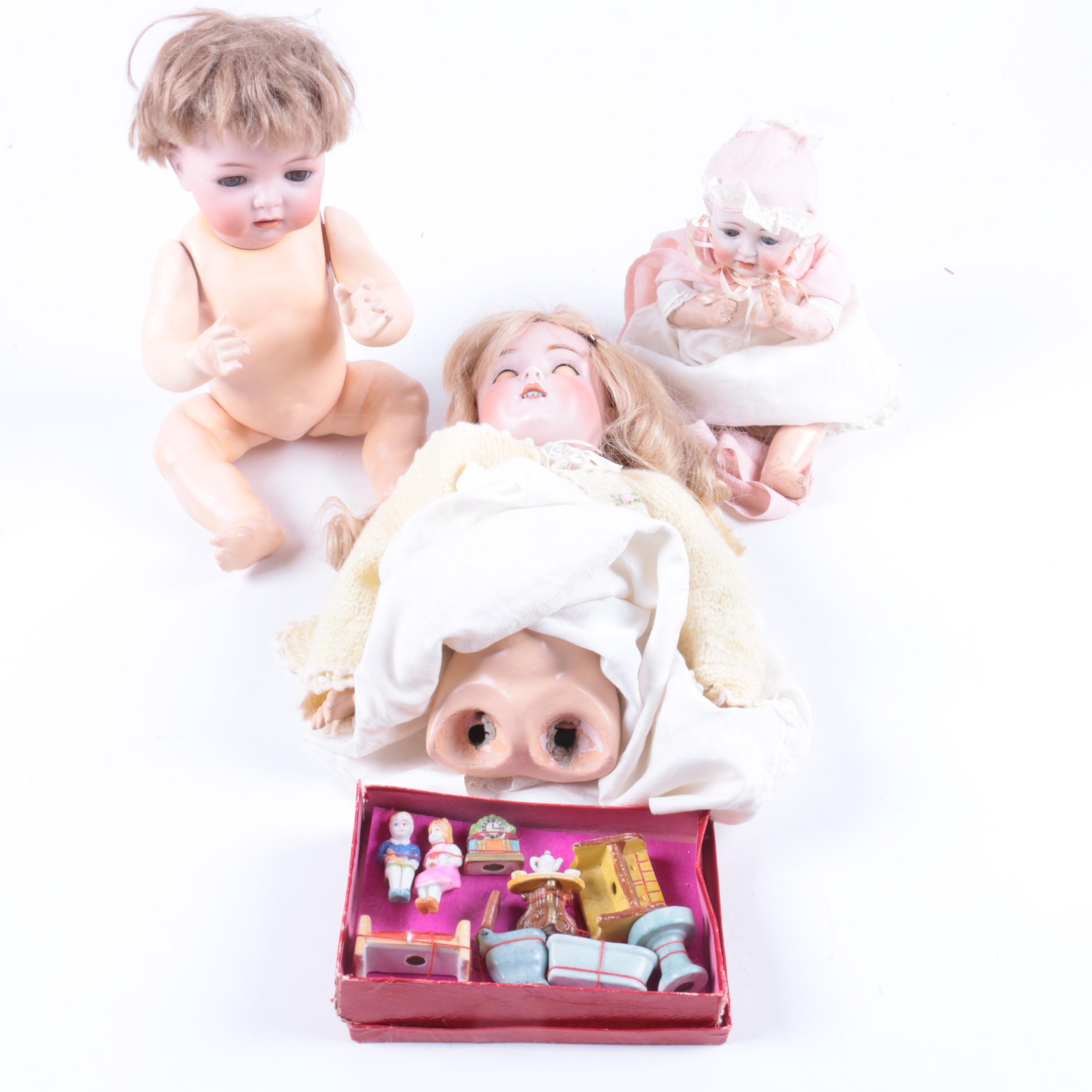 Bisque K&R Dolls and a Bestmaid Kitchen Set