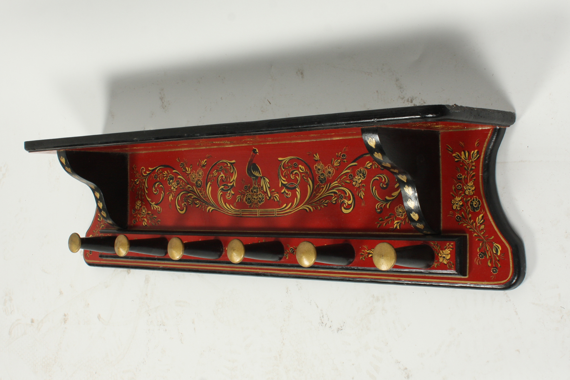 Vintage Hand-Painted Swedish Folk Art Coat Rack and Shelf