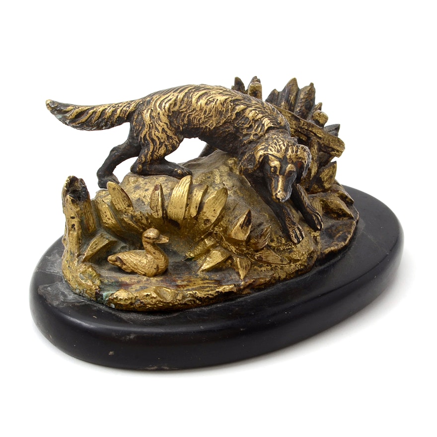 Miniature Brass Dog Sculpture on Slate Base