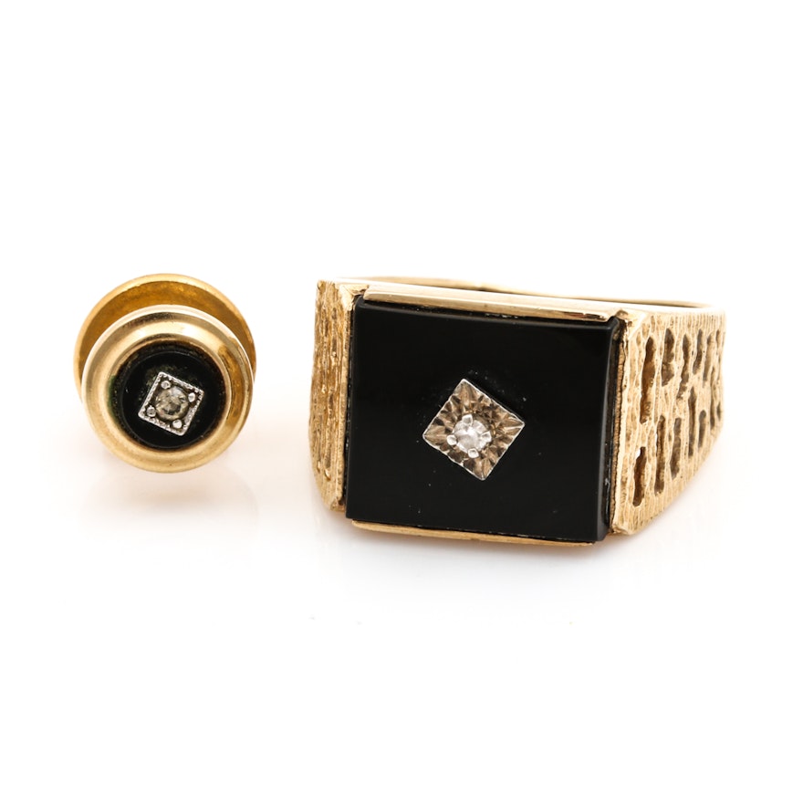 14K Yellow Gold Diamond and Onyx Ring and Gold Tone Tie Tack