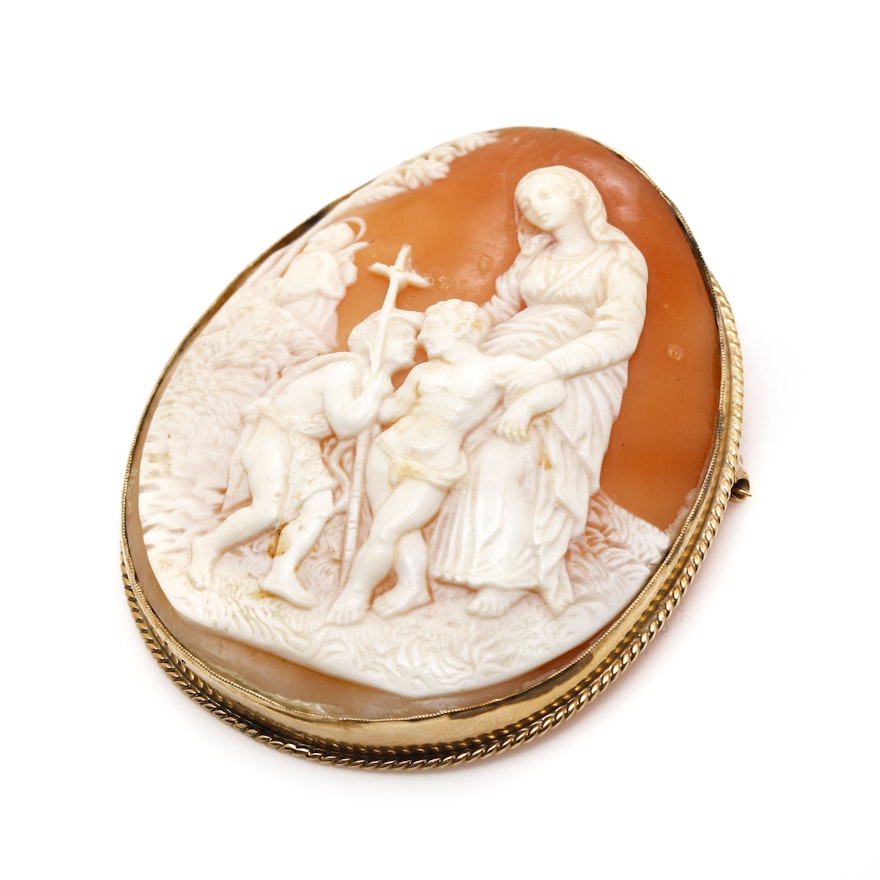 Vintage 14K Yellow Gold Carved Shell Cameo Converter Brooch
