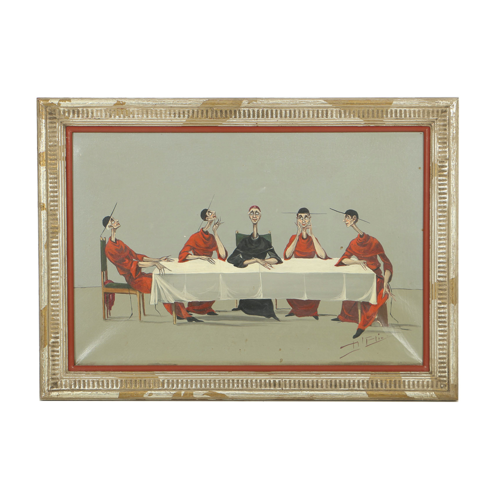Mario D'Elia Surrealist Oil Painting on Canvas Figures at a Table