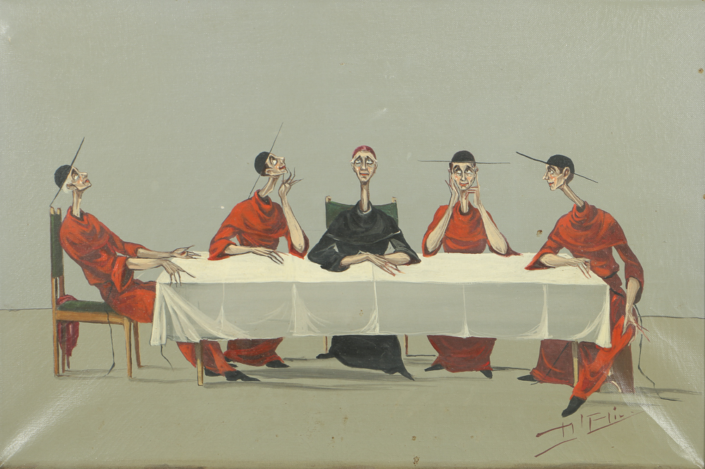 Mario D'Elia Surrealist Oil Painting on Canvas Figures at a Table