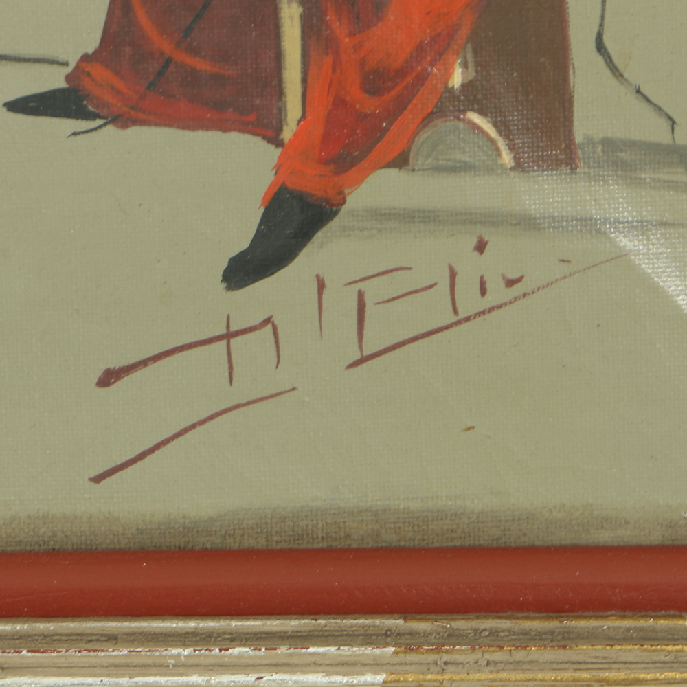 Mario D'Elia Surrealist Oil Painting on Canvas Figures at a Table