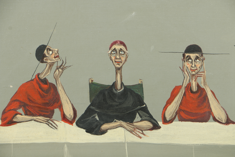 Mario D'Elia Surrealist Oil Painting on Canvas Figures at a Table