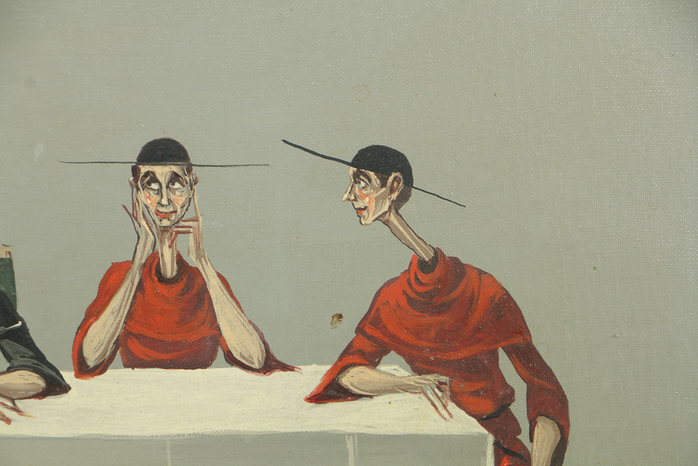 Mario D'Elia Surrealist Oil Painting on Canvas Figures at a Table