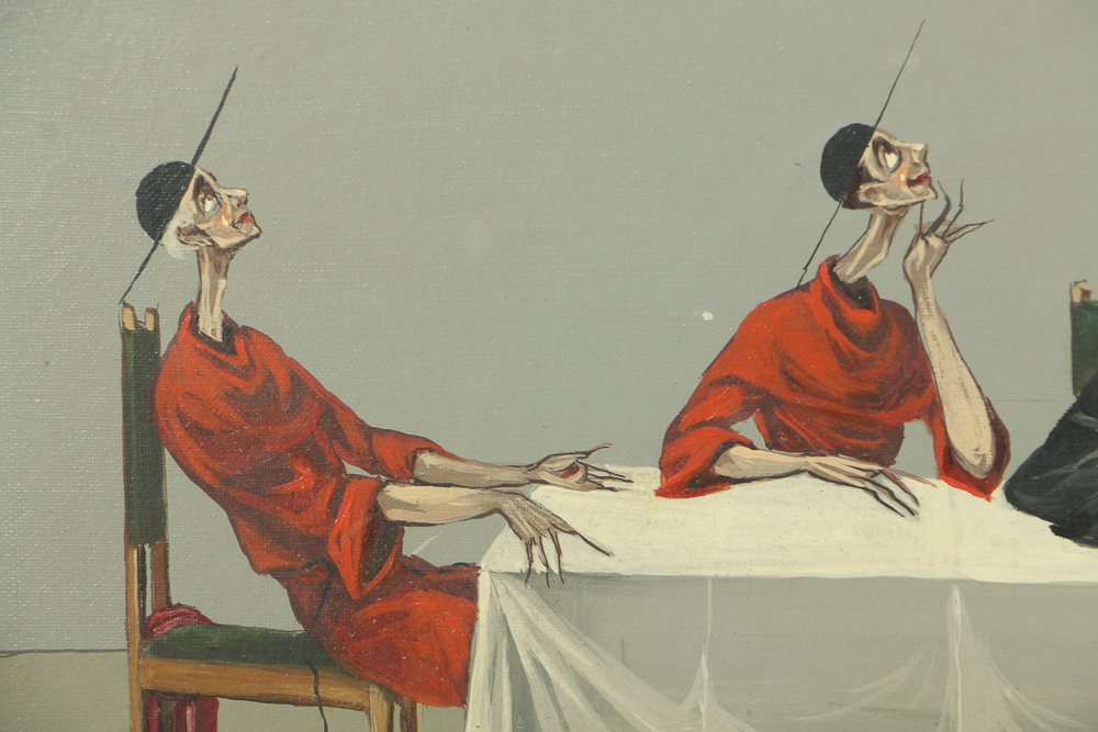 Mario D'Elia Surrealist Oil Painting on Canvas Figures at a Table