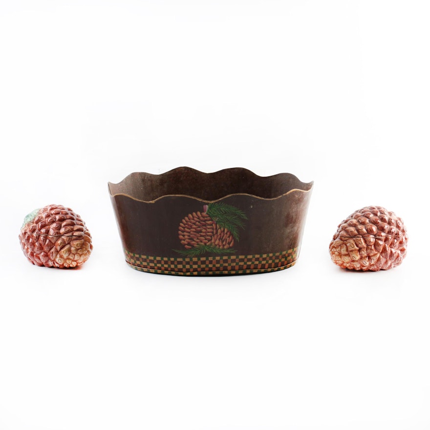 Vietri Pine Cone Trinket Boxs and Decorative Tin Planter