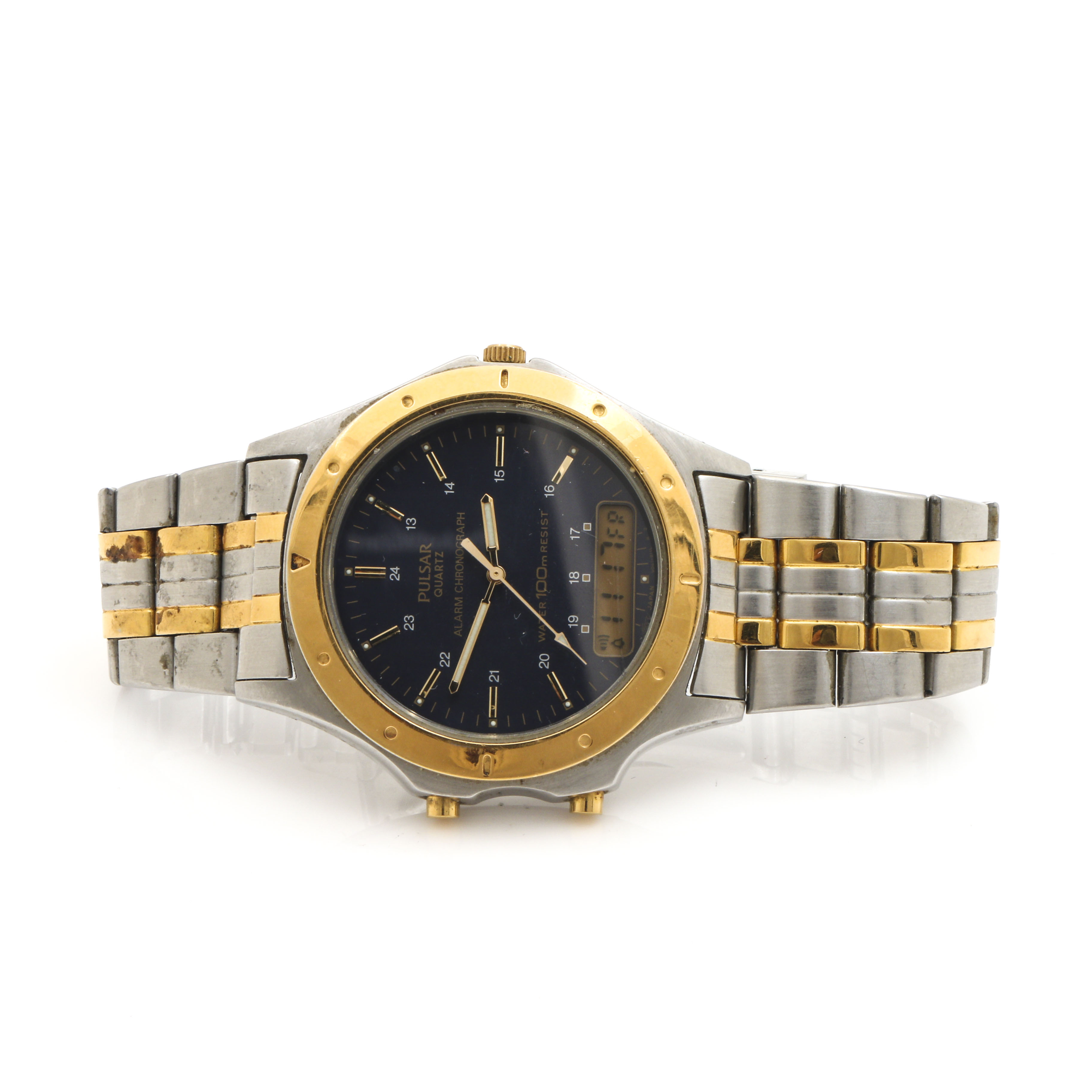 Pulsar Quartz Alarm Chronograph Gold Tone and Stainless Steel Watch