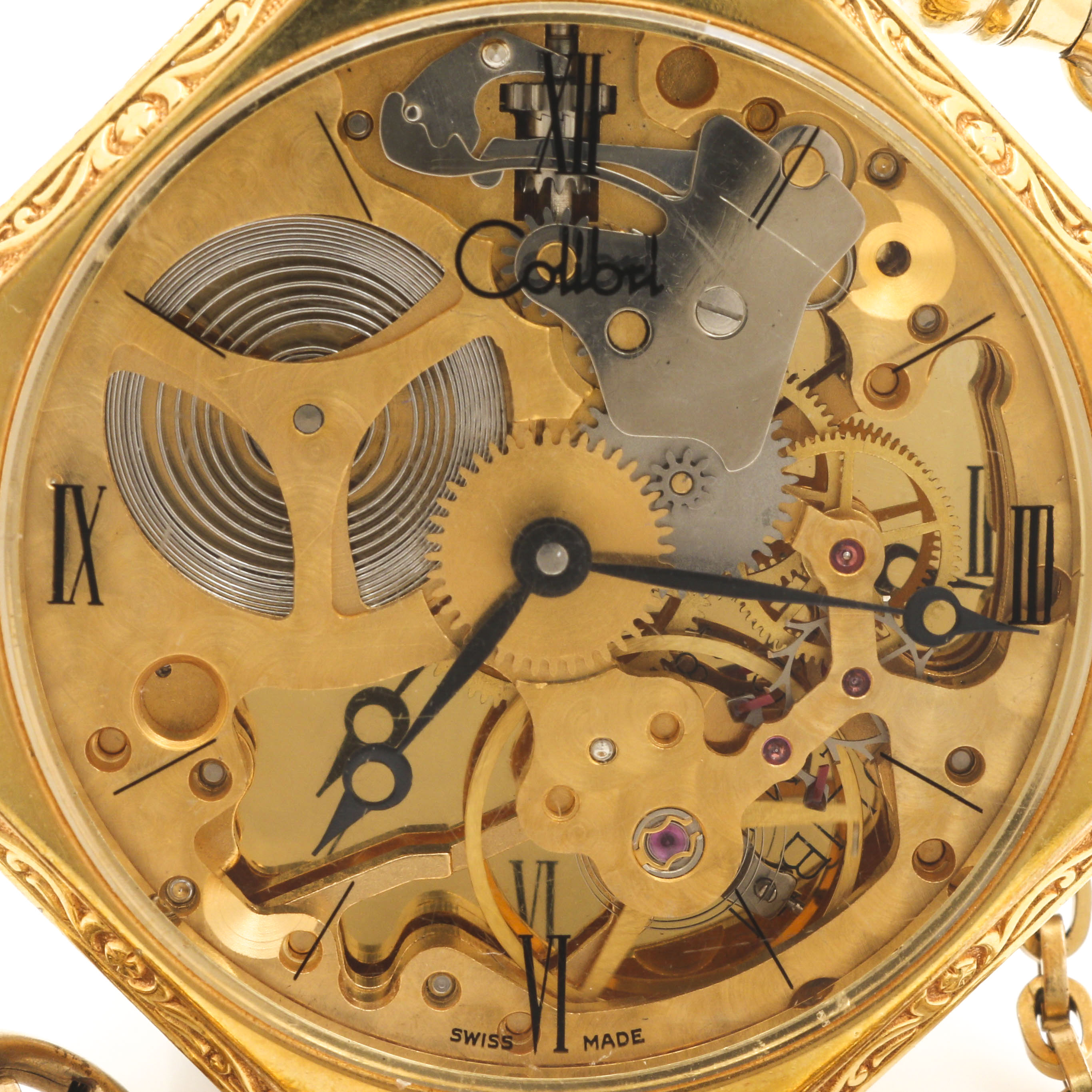 Colibri Gold Tone Skeleton Dial Pocket Watch With 12K Gold Filled Fob