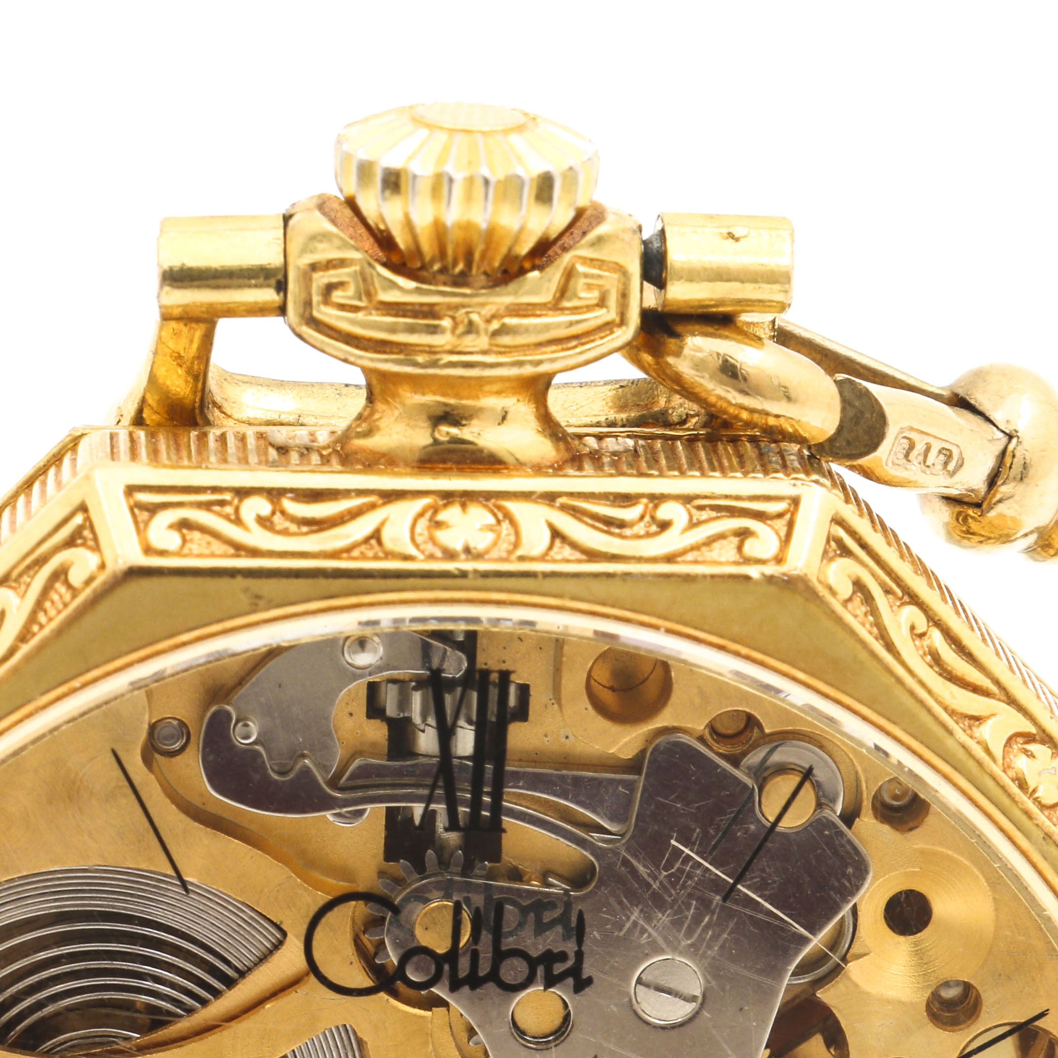Colibri Gold Tone Skeleton Dial Pocket Watch With 12K Gold Filled Fob