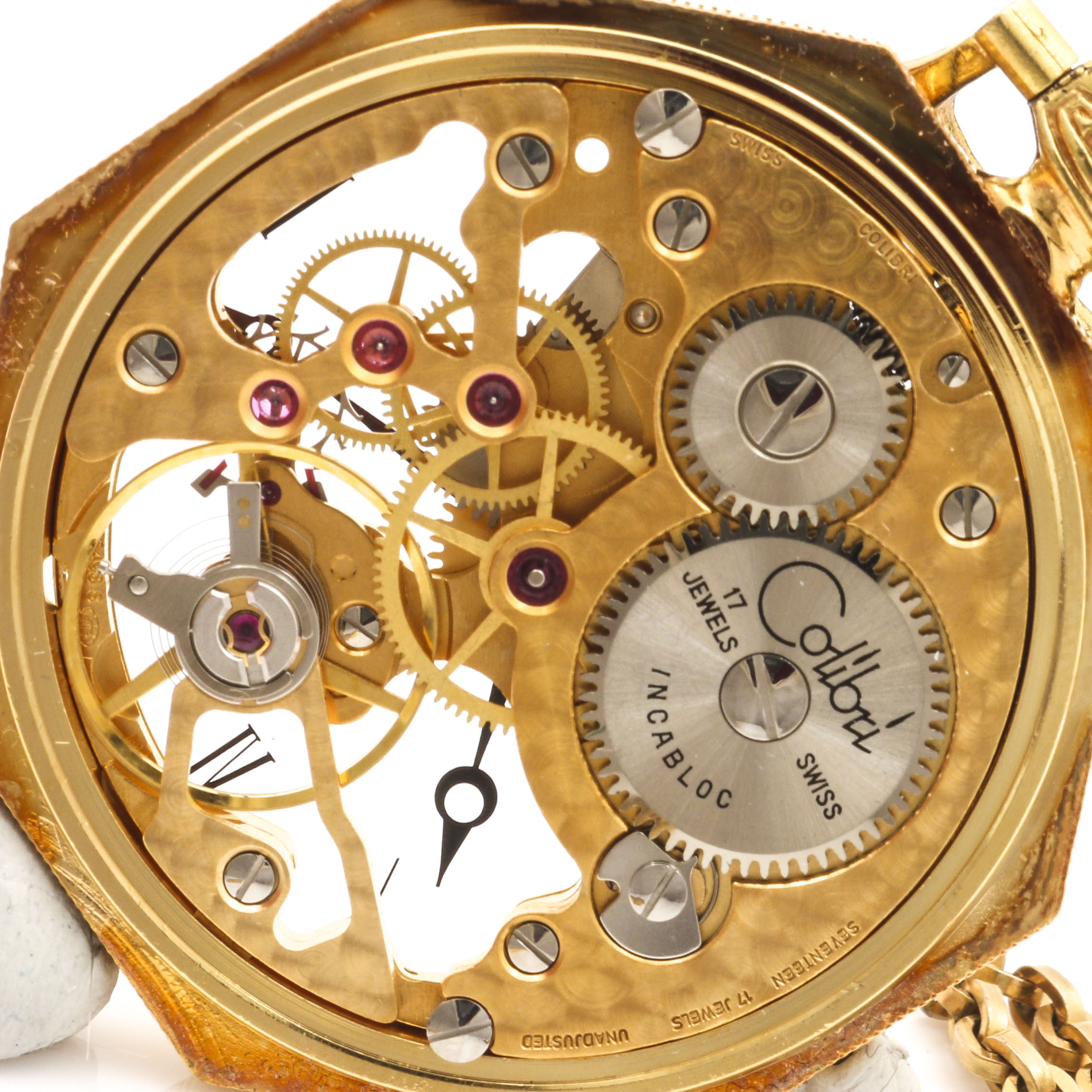 Colibri Gold Tone Skeleton Dial Pocket Watch With 12K Gold Filled Fob