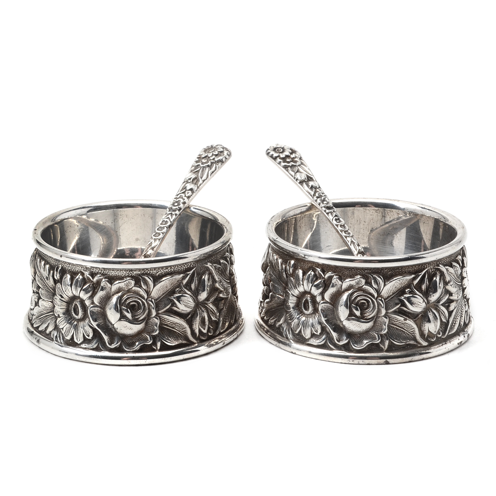 Pair of Sterling Silver Salt Cellars and Spoons from Kirk & Sons