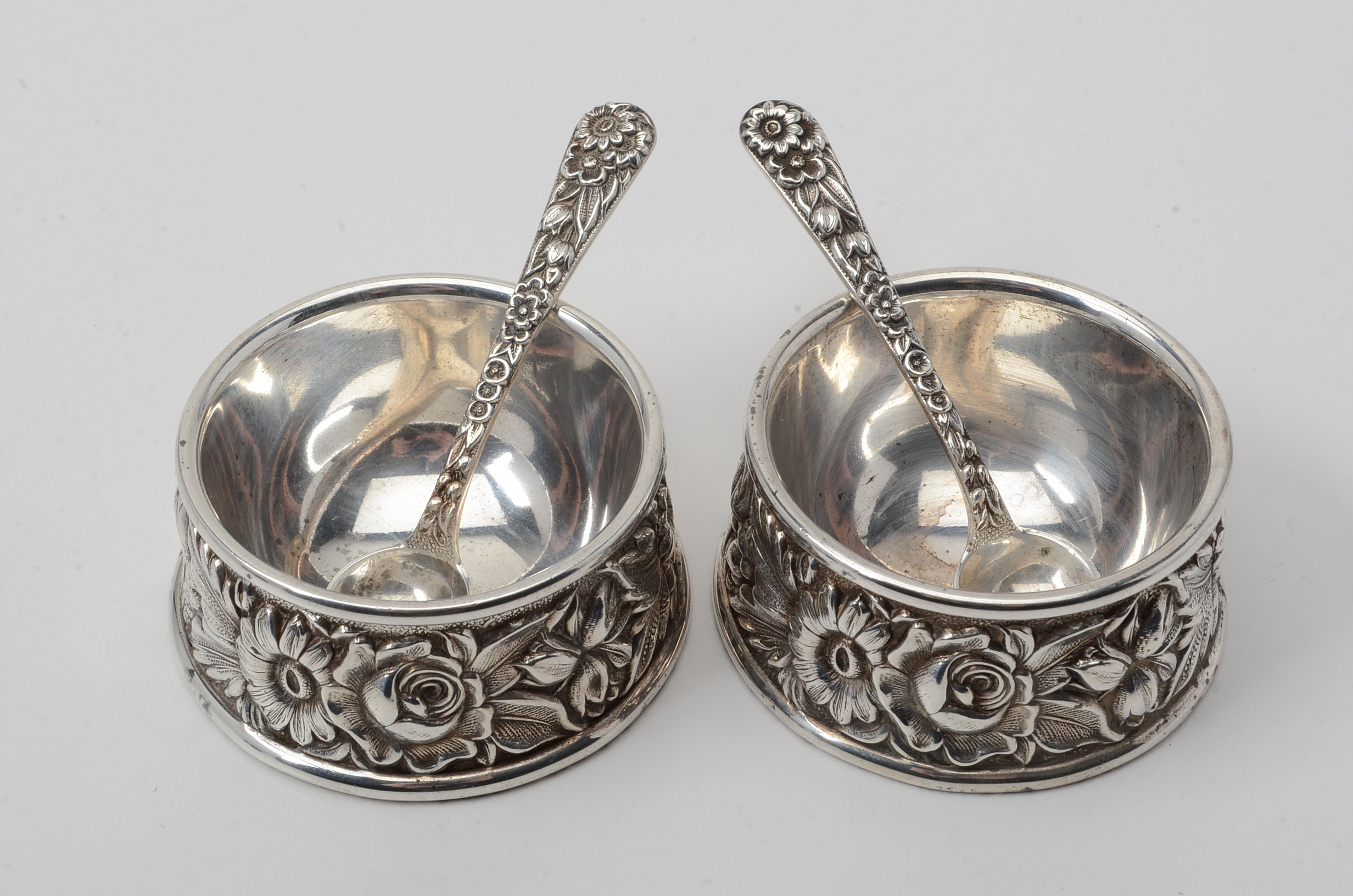 Pair of Sterling Silver Salt Cellars and Spoons from Kirk & Sons