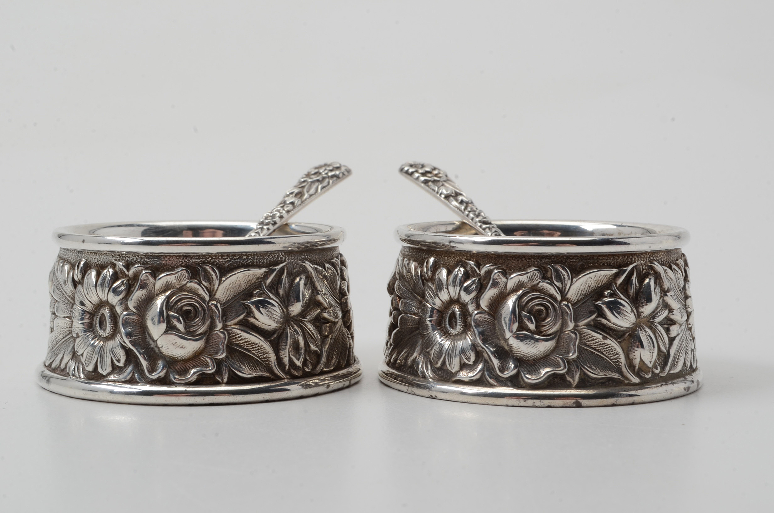Pair of Sterling Silver Salt Cellars and Spoons from Kirk & Sons