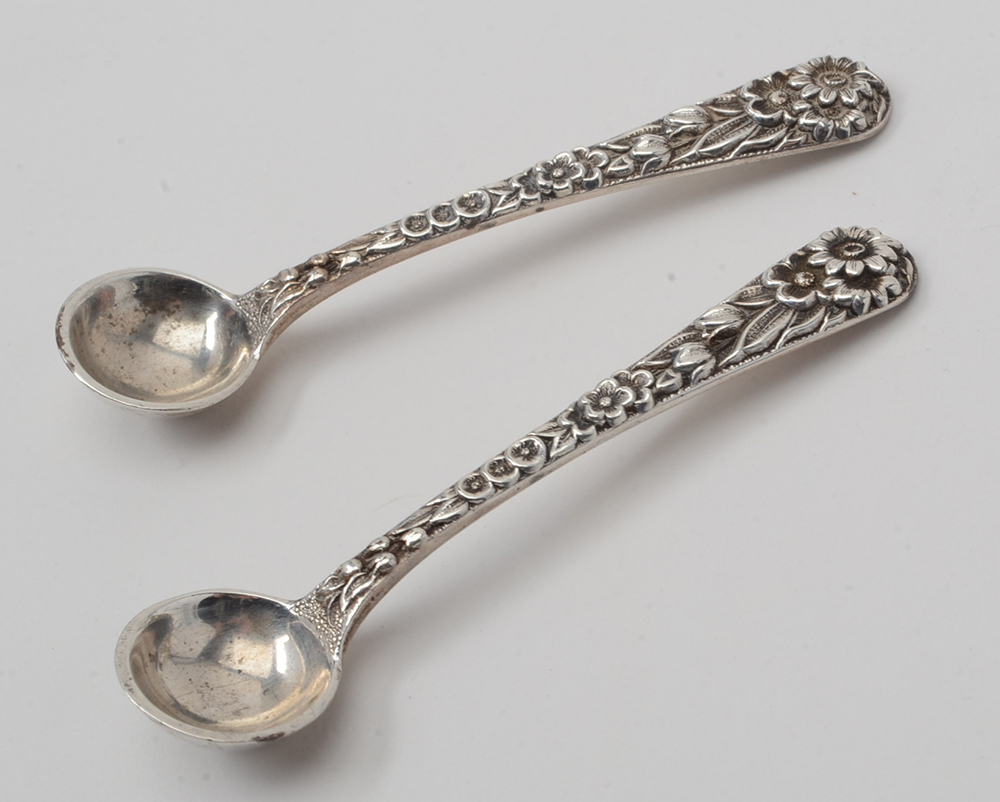 Pair of Sterling Silver Salt Cellars and Spoons from Kirk & Sons