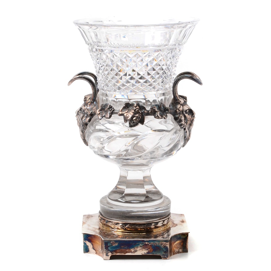 Cut Crystal Vase with Wilcox Silver Plate Overlay Handles and Base