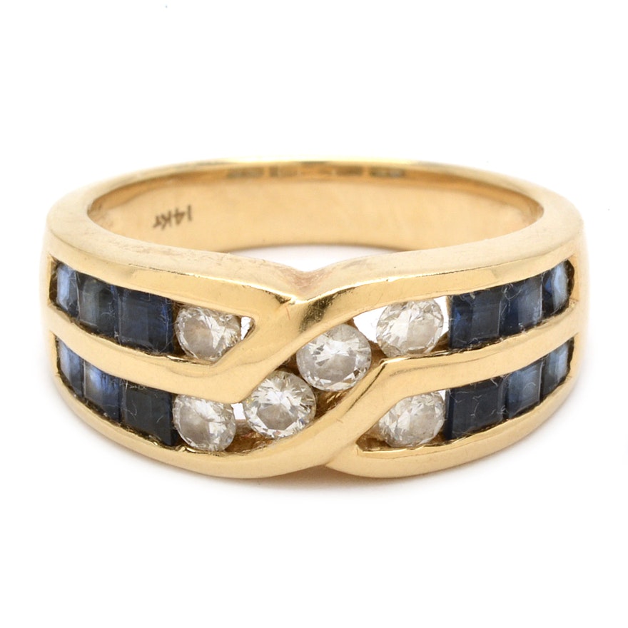 14K Yellow Gold Diamond and Blue Sapphire Ring
