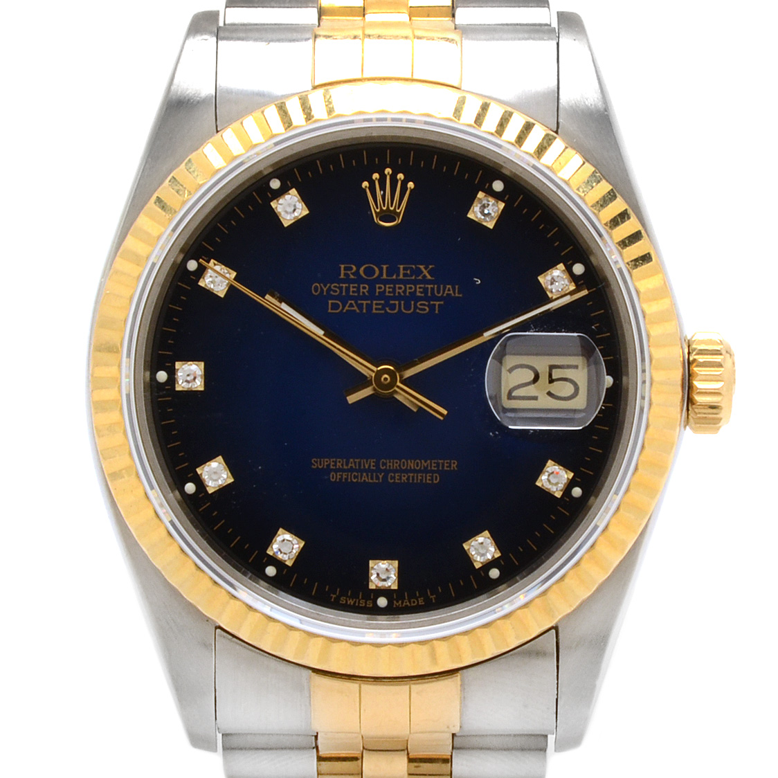 Rolex Datejust Sterling Silver 18K Yellow Gold Diamond Dial Watch