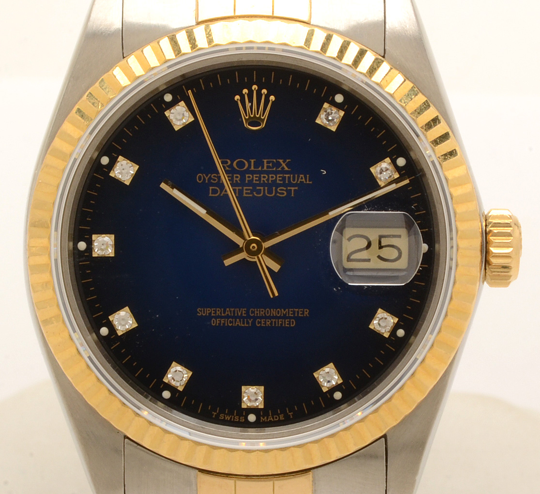 Rolex Datejust Sterling Silver 18K Yellow Gold Diamond Dial Watch