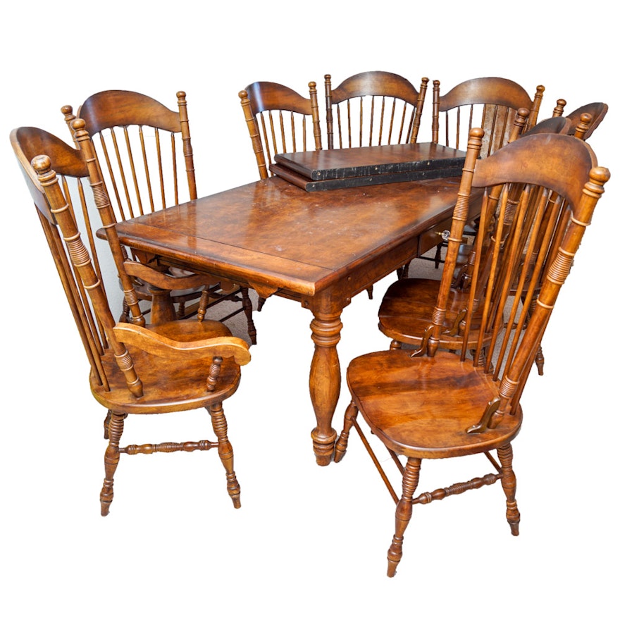 Early American Style Burlwood Dining Room Table  &  Windsor Chairs
