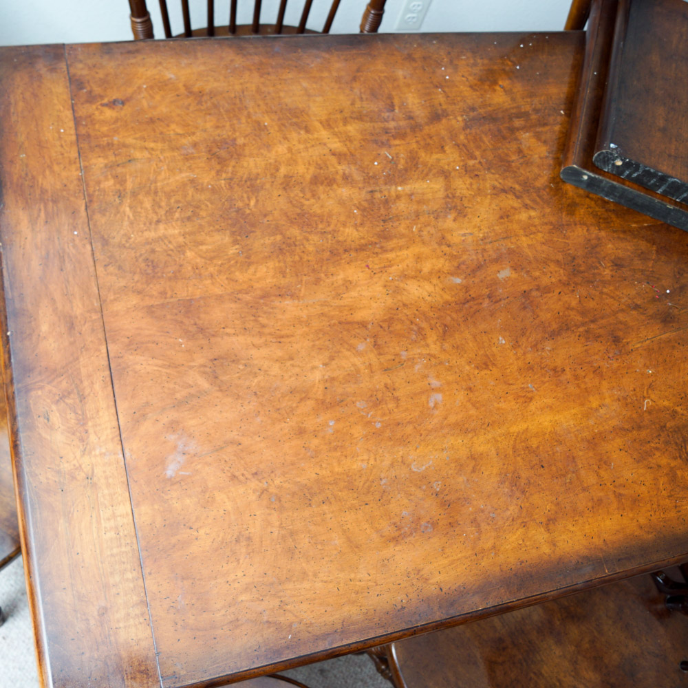 Early American Style Burlwood Dining Room Table  &  Windsor Chairs