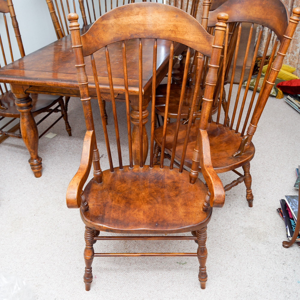 Early American Style Burlwood Dining Room Table  &  Windsor Chairs
