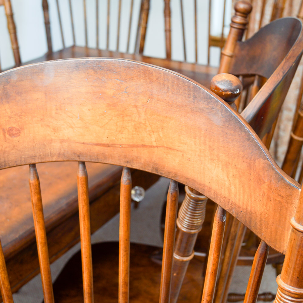 Early American Style Burlwood Dining Room Table  &  Windsor Chairs