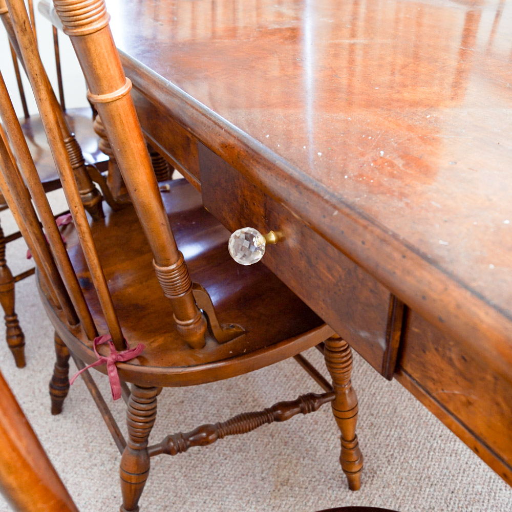 Early American Style Burlwood Dining Room Table  &  Windsor Chairs