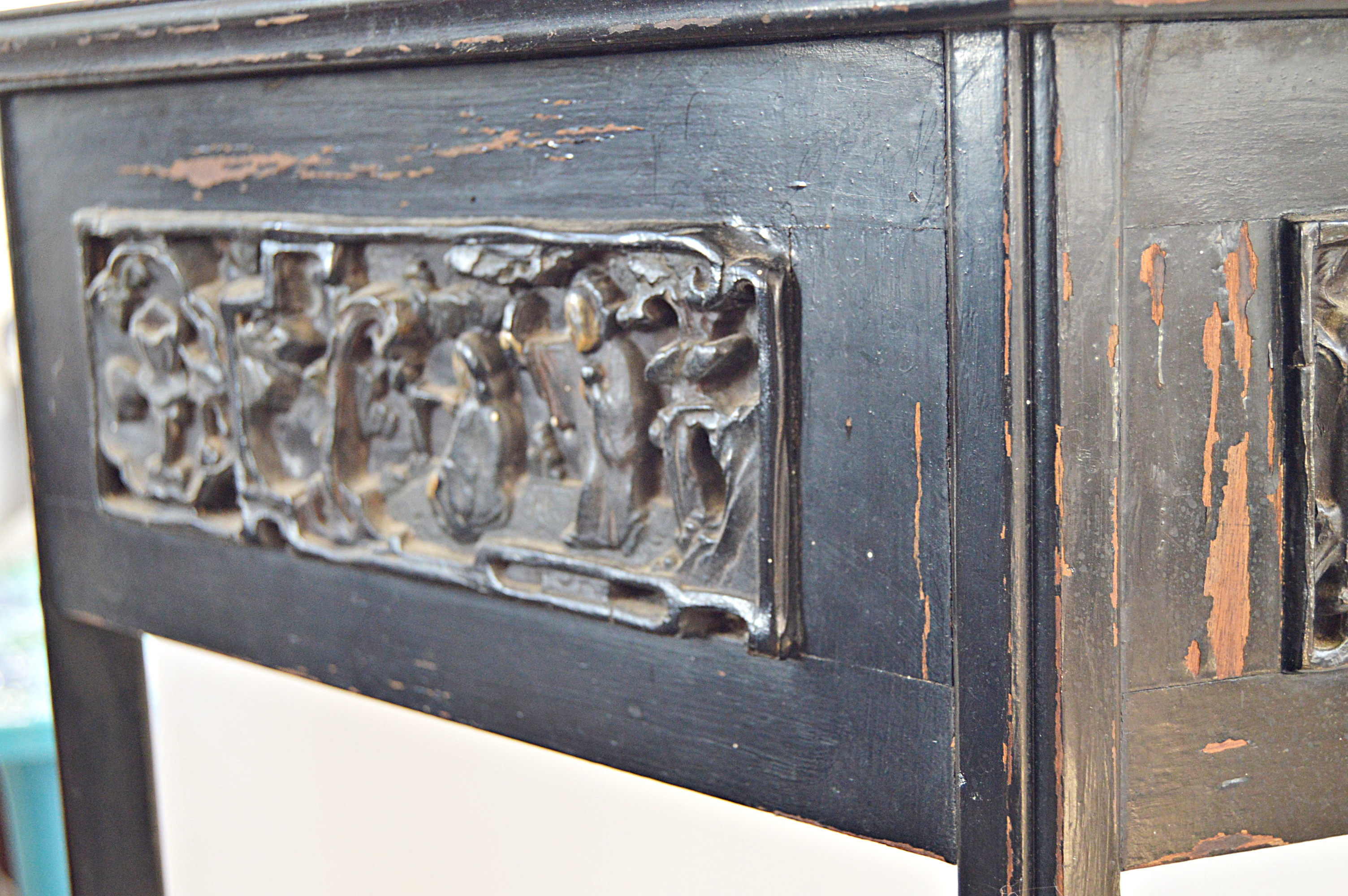 Antique Chinese Carved Wood Table and Mirror