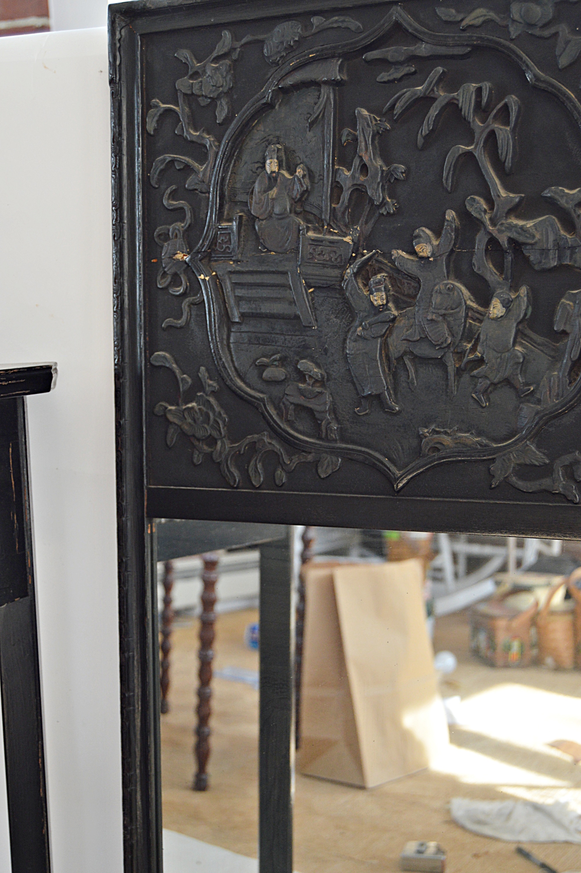 Antique Chinese Carved Wood Table and Mirror